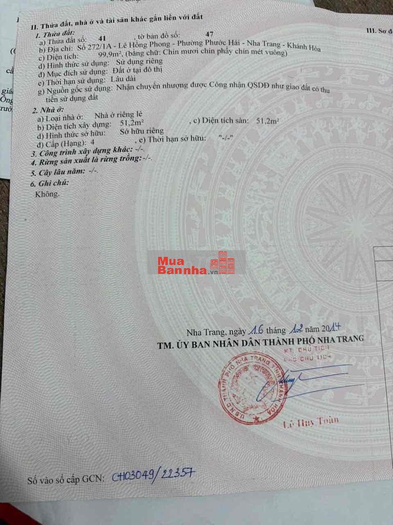 Bán Đất Tặng Nhà Hẻm Lê Hồng Phong Nha Trang Hướng Đông Nam Sổ Đỏ