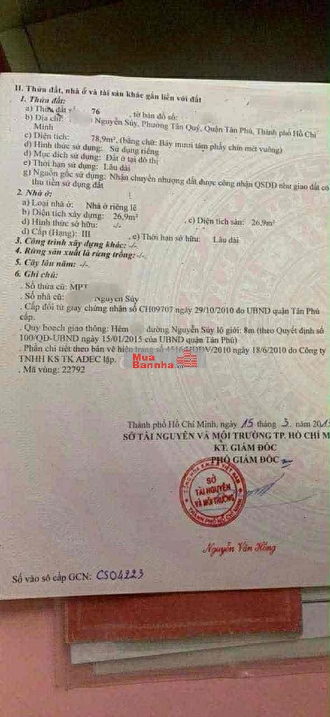 79m2 4*20 Nguyễn Suý lộ giới hẻm 8m Sát Tân Hương-tân phú