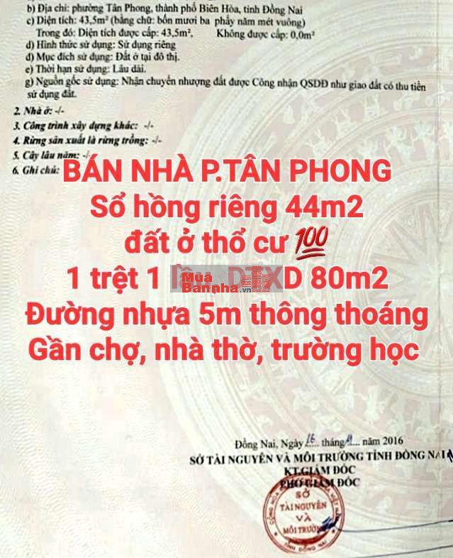 BÁN NHÀ TÂN PHONG, 1TRỆT 1LẦU, SỔ HỒNG THỔ CƯ ĐƯỜNG NHỰA RỘNG 5m THÔNG