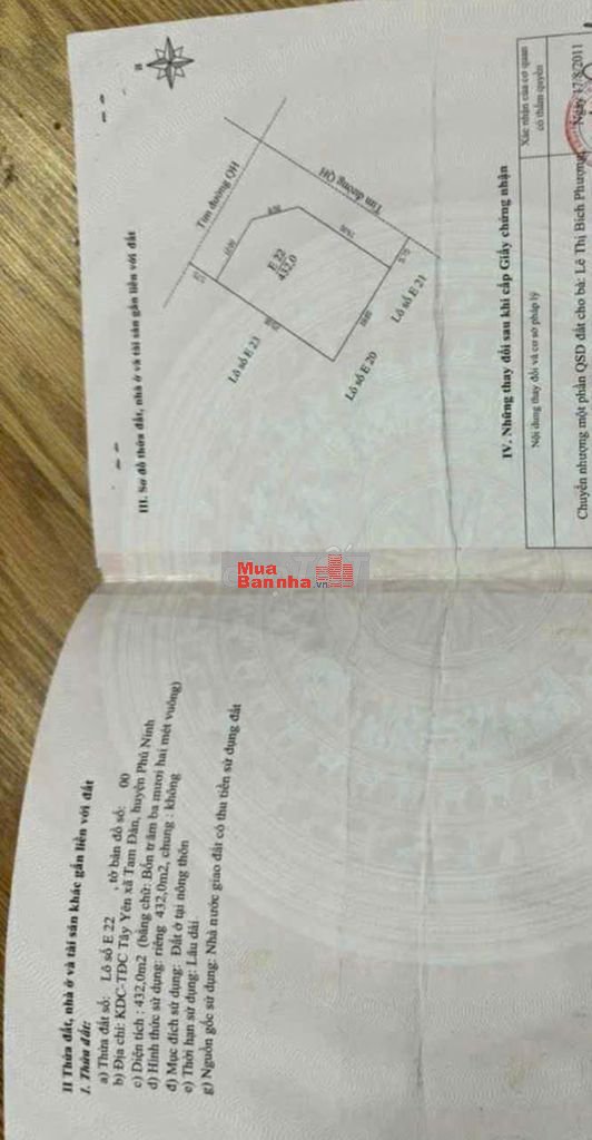 tái định cư tây yên dt 432m2 sẵn nhà kho kiêng cố giá 2ty800