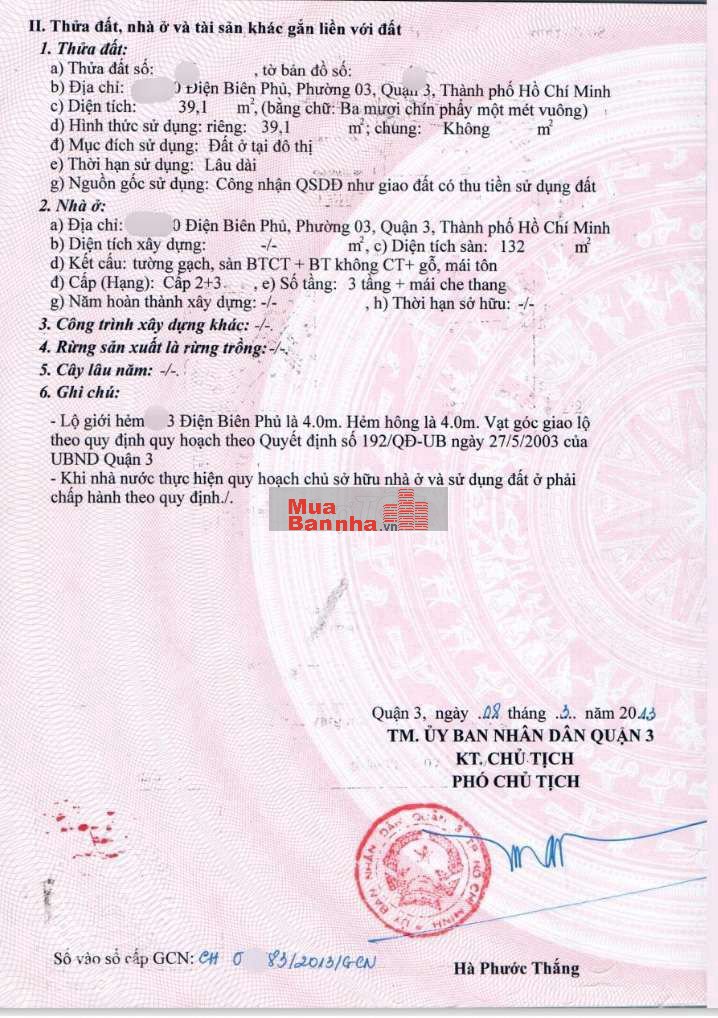 Bán nhà đang ở 2MT hẽm Điện Biên Phủ P3 Q3.Dt 3x11.Nở hậu 4m6.Giá 6ty3