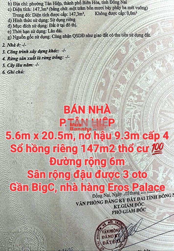 BÁN NHÀ TÂN HIỆP GẦN BIGC, SỔ HỒNG 147m2 THỔ CƯ ĐƯỜNG 5m SÂN ĐẬU 3 OTO