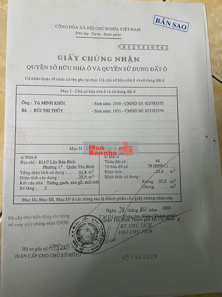 Bán nhà hẻm xe hơi 811/7 Lũy Bán Bích, Phường Tân Thành, Quận Tân Phú