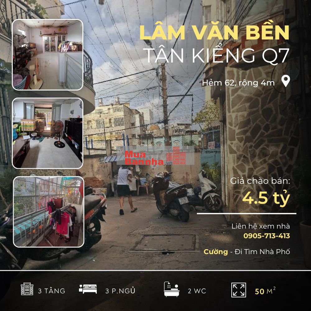 Bán nhà riêng Lâm Văn Bền, Tân Kiểng, 3 tầng, 50m2, hẻm 4m, 3 ngủ
