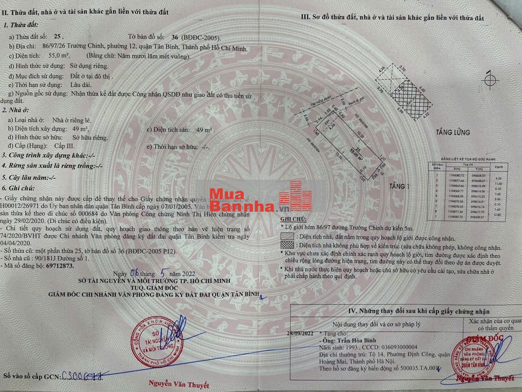 86/ TrườngChinh-P12-T.Bình–DT:55m (4,2*13). Giá 6,3T,Bank cho vay 5T.