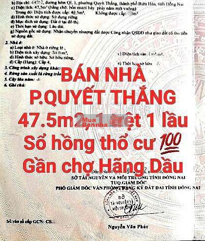 BÁN NHÀ QUYẾT THẮNG, 1TRỆT 1LẦU, SỔ HỒNG RIÊNG THỔ CƯ GẦN CHỢ HÃNG DẦU