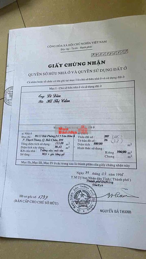 Bán đất tặng nhà gác lửng quận Hải Châu