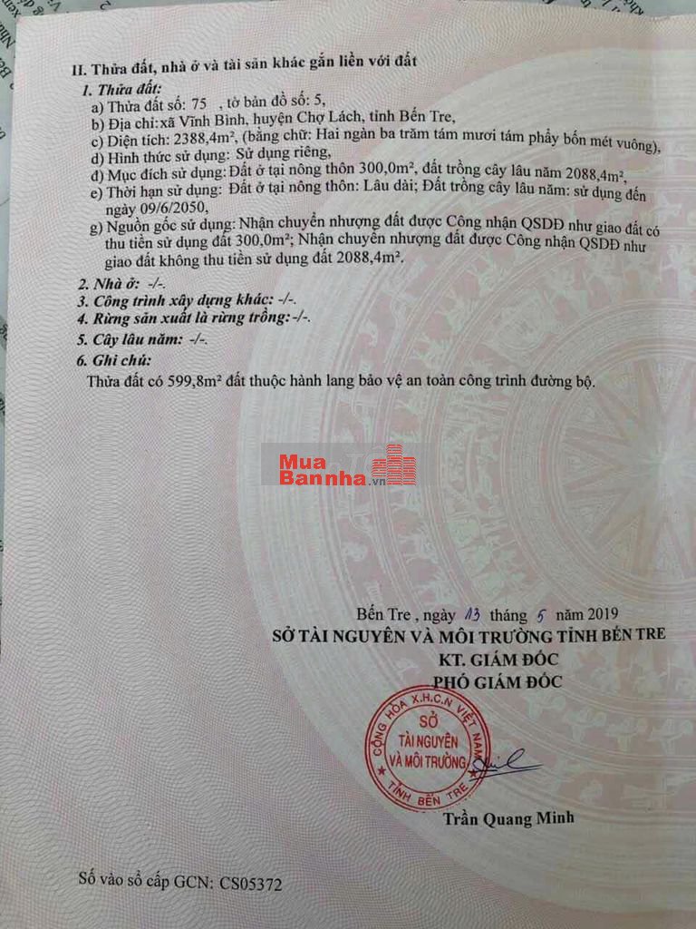 Mặt tiền 2388m2 quốc lộ 57 chợ lách Bến Tre