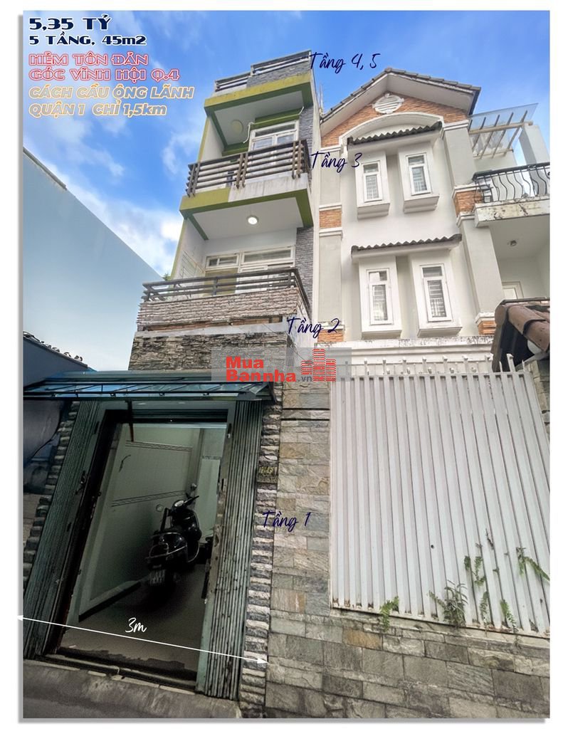 NHÀ 5 TẦNG 8 P. NGỦ DT: 45m2, TÔN ĐẢN Q.4,  CHỈ 5,35 TỶ