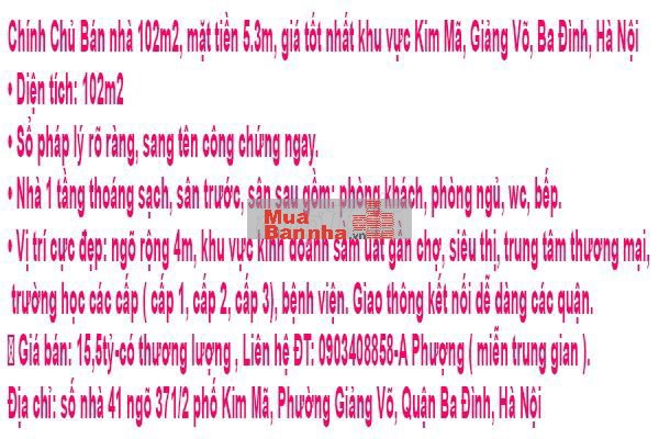 Bán nhà 102m2, mặt tiền 5.3m,khu vực Kim Mã, Giảng Võ, Ba Đình, Hà Nội