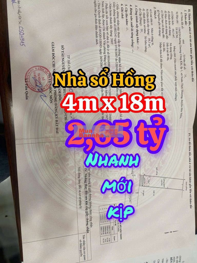 BÁN NHÀ SỔ HỒNG RIÊNG 4M X 18M XÃ BÀ ĐIỂM MỚI