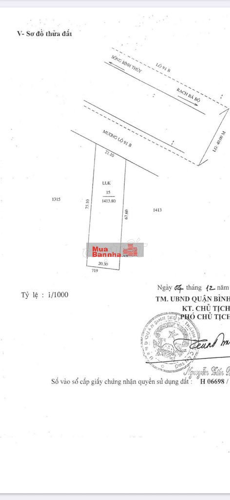 Bán đất mặt tiền đường 91B (gần AEON, gần chợ Bà Bộ), DT: 4.700m2