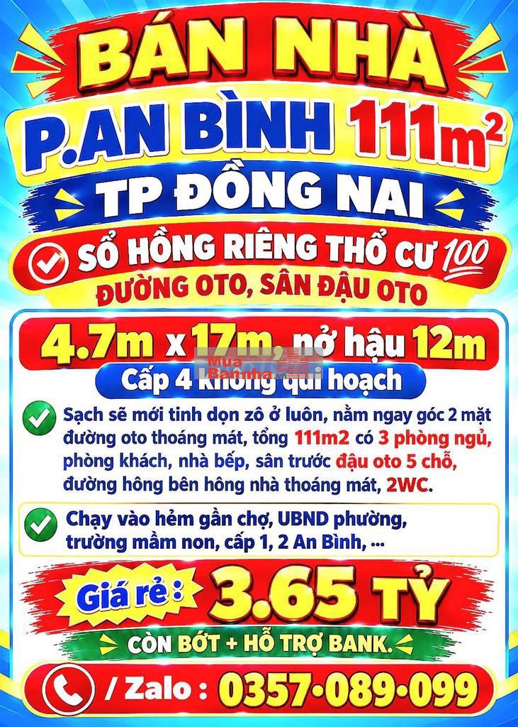 111m2 BÁN NHÀ AN BÌNH, SỔ HỒNG RIÊNG THỔ CƯ 💯 ĐƯỜNG OTO, SÂN ĐẬU OTO
