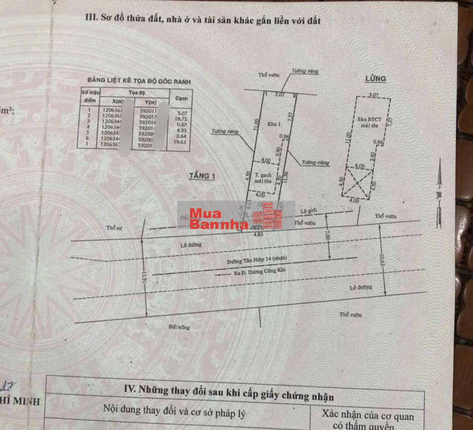 Nhà Mặt tiền Tân Hiệp 14. Diện tích: 4,83 x 20m (nở hậu: 5,07m)