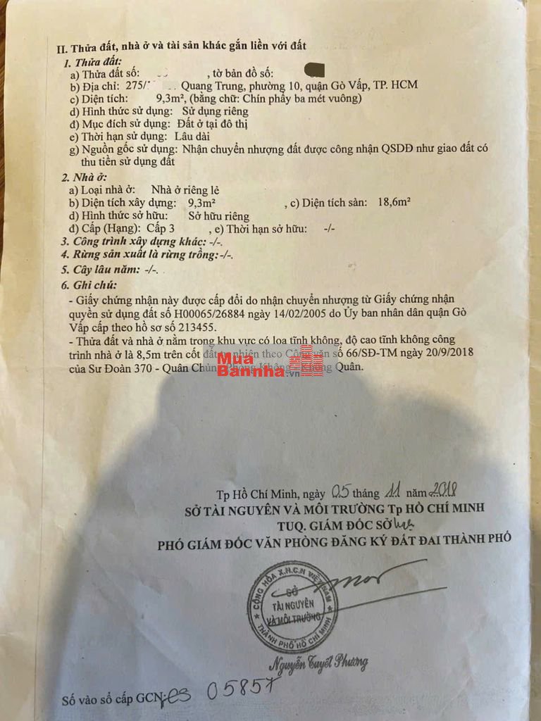Chinh chu ban nha hem 275/111/17  Quang Trung Gò Vấp   2 phòng